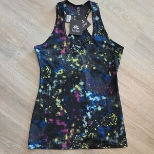 lukka Black Galaxy Print Racerback Tank with Yellow Blue Pink Splatter